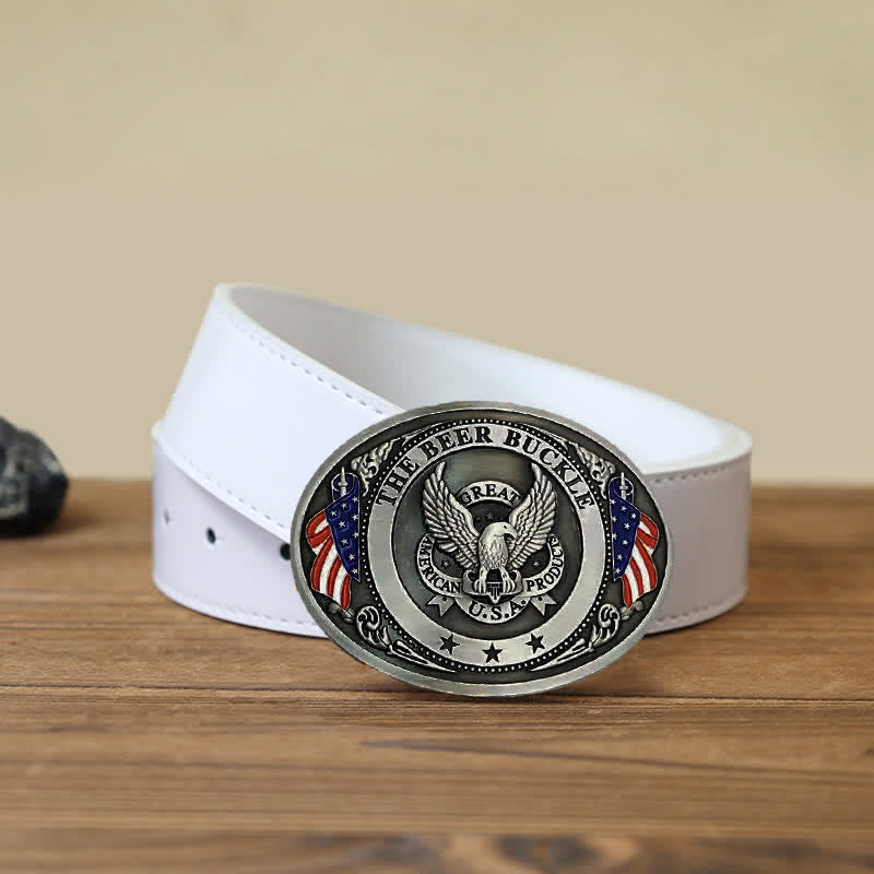 Men's DIY Eagle USA Flag Creative Beer Holder Buckle Leather Belt - Silver - White PU Belt (40) - image 15