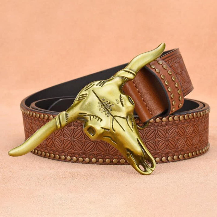 Men's Western Cattle Head Rivet Embossed Leather Belt - image 5