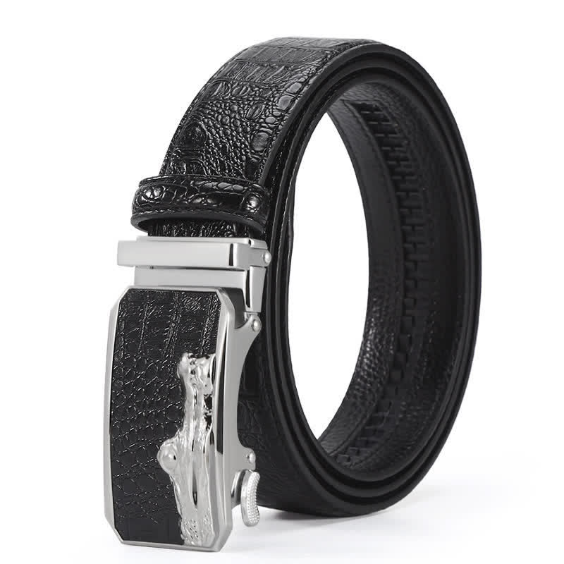 Men's Crocodile Pattern Automatic Buckle Leather Belt - Style #5 - Black / Silver - 44 - image 21