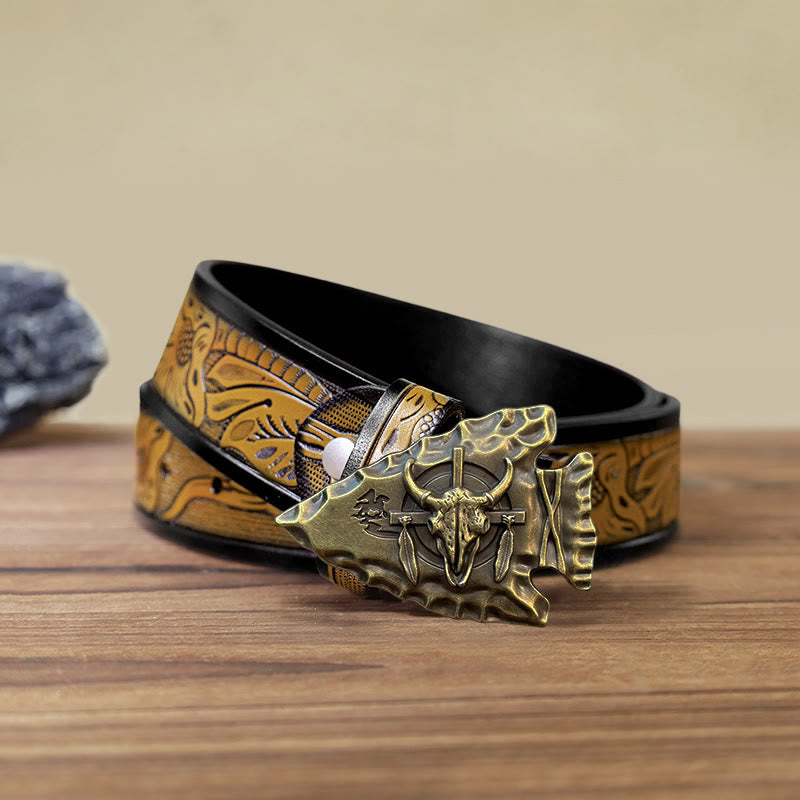 Men's DIY Arrowhead Shaped Bull Buckle Leather Belt - Antique Bronze - SandyBrown Belt (40) - image 21