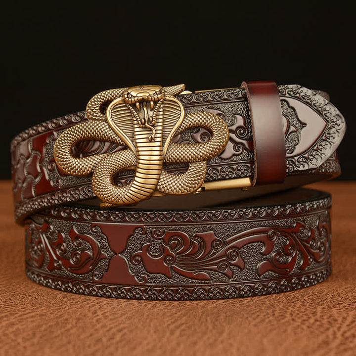 Men's Snake Medallion Buckle Leather Belt - Gold & Brown - 46 - image 0