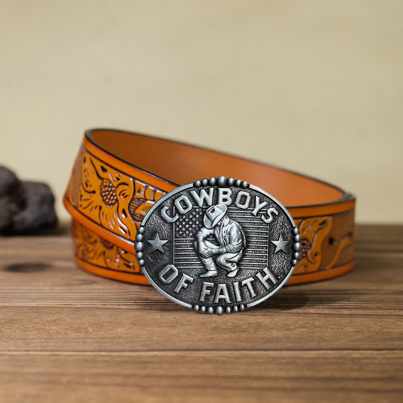 Men's DIY Cowboys Of Faith Buckle Leather Belt - Antique Silver - Orange Carved Belt (40) - image 23