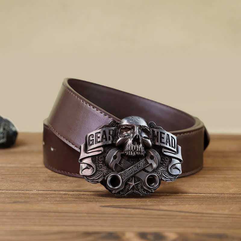 Men's DIY Gear Head Piston Skull Buckle Leather Belt - Gear Head - Brown PU Belt (40) - image 7