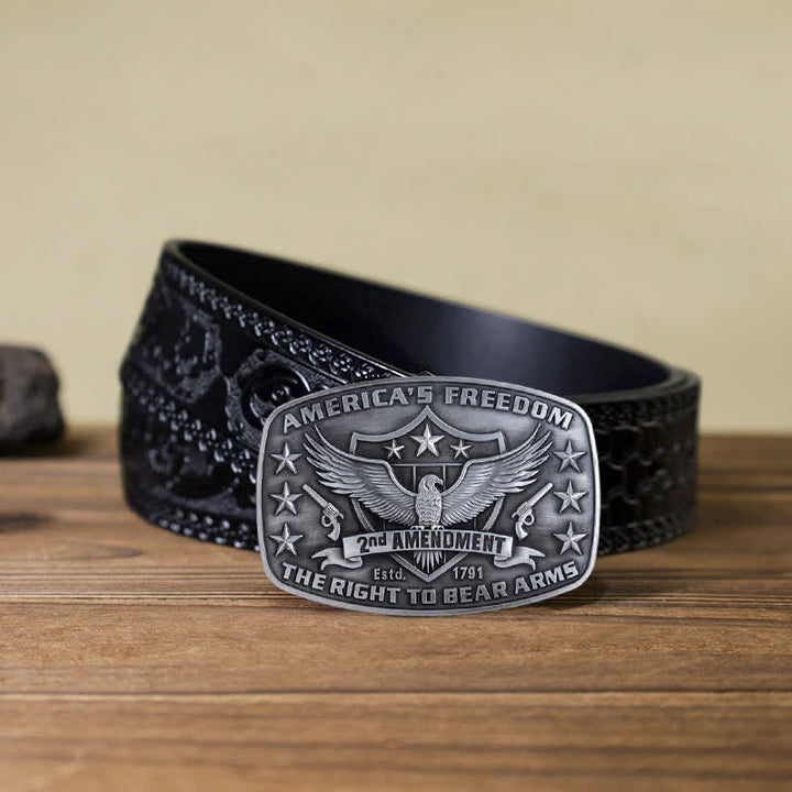 Men's DIY Eagle America's Freedom Buckle Leather Belt - Antique Silver - Black Carved Belt (40) - image 14