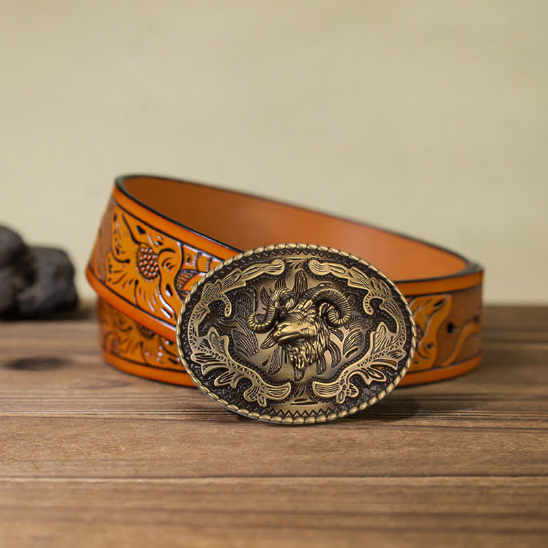 Men's DIY Bronze Wild Goat Head Buckle Leather Belt - Wild Goat - Orange Carved Belt (40) - image 15