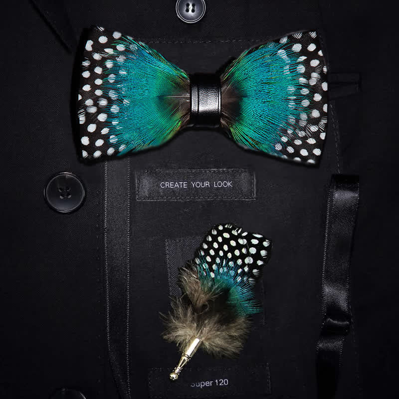 Cyan & White Polka Dots Feather Bow Tie with Lapel Pin - Cyan & White - image 0