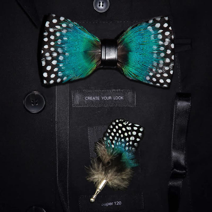 Cyan & White Polka Dots Feather Bow Tie with Lapel Pin - Cyan & White - image 0