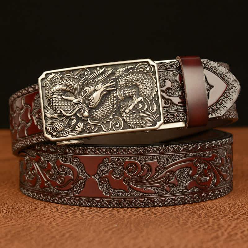 Men's Dragon Square Buckle Leather Belt - Silver & Brown - 46 - image 14