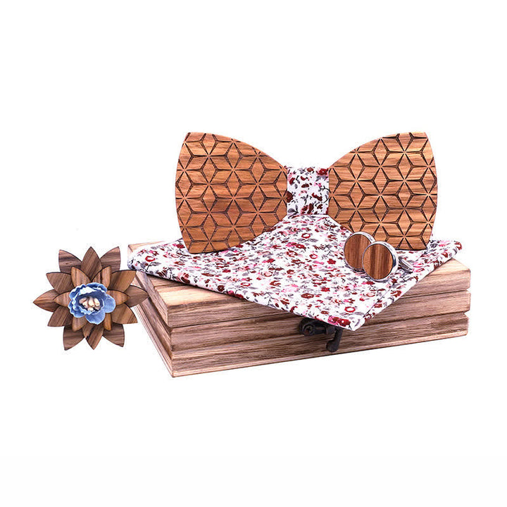 4Pcs Men's Geometric Carving Wooden Bow Tie Set - White & Red Floral - image 0