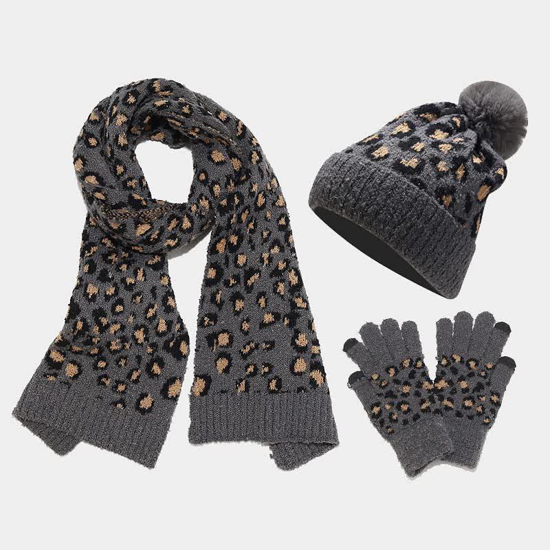 3Pcs Women's Leopard Print Hat Scarf Gloves Set - Gray - Adjustable (22"-22 7/8") - image 7