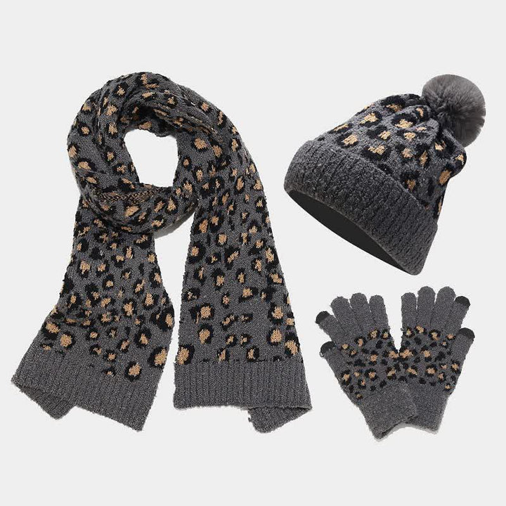 3Pcs Women's Leopard Print Hat Scarf Gloves Set - Gray - Adjustable (22"-22 7/8") - image 7