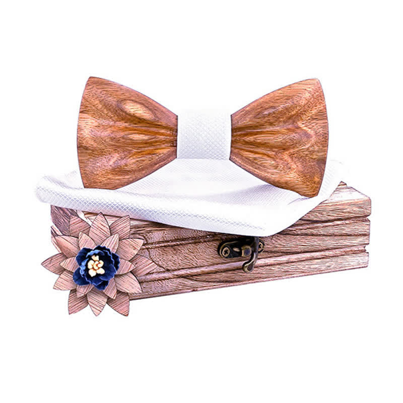 3Pcs Men's Hand Carved Crease Wooden Bow Tie Set - Zebra - White - image 12