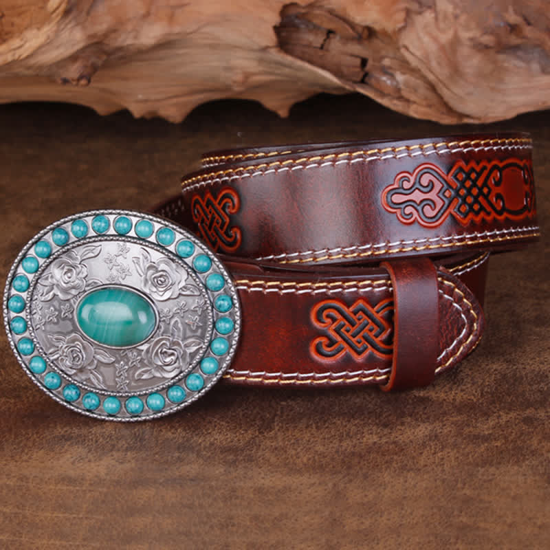 Unisex Carved Rose Turquoise Jade Agate Leather Belt - image 14