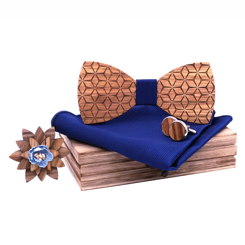 4Pcs Men's Geometric Carving Wooden Bow Tie Set - Solid Blue - image 9