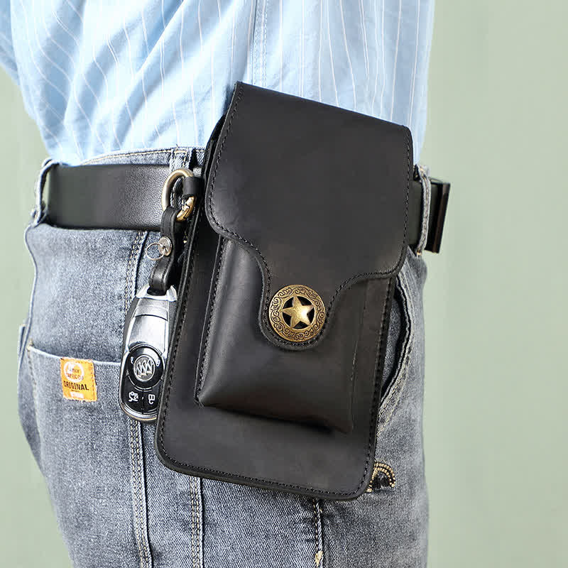 Leather Outdoor Magnetic Star Buckle Phone Belt Bag - Black - image 2