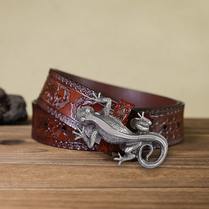 Men's DIY Unique Animal Silver Lizard Buckle Leather Belt - Lizard - Brown Carved Belt (40) - image 12
