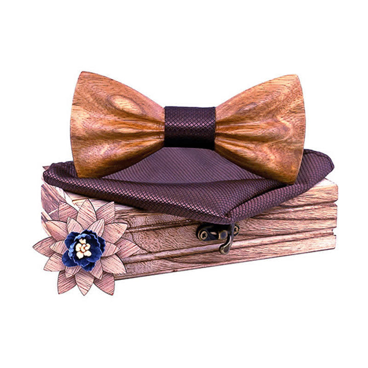 3Pcs Men's Hand Carved Crease Wooden Bow Tie Set - Zebra - Brown - image 15