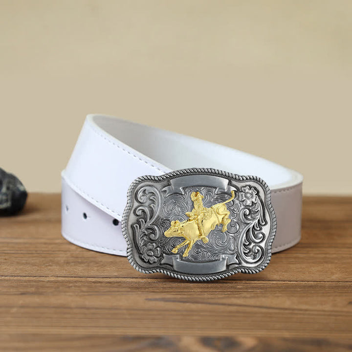 Men's DIY Gold Carving Animal Buckle Leather Belt - Rodeo - White PU Belt (40) - image 23