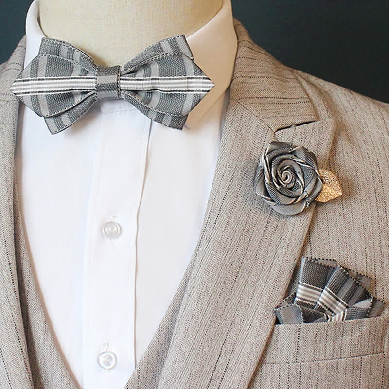 3Pcs Men's Horizon Striped Plaid Bow Tie Set - Pointy - Gray - image 7
