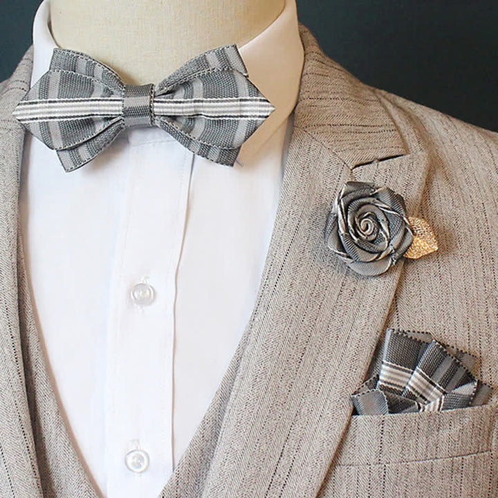 3Pcs Men's Horizon Striped Plaid Bow Tie Set - Pointy - Gray - image 7