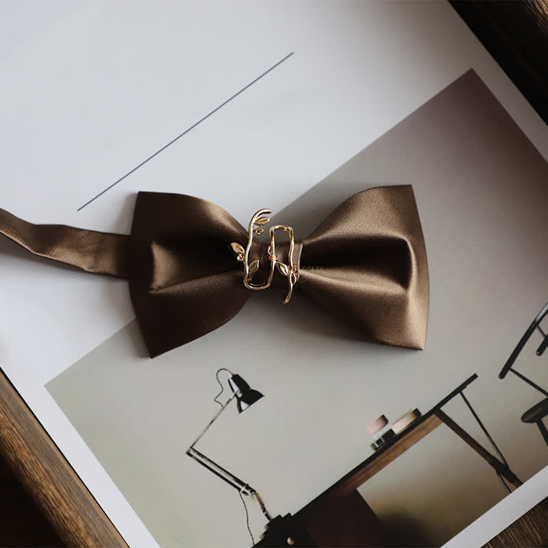 Men's Gold Vine Leaf Silky Sateen Bow Tie - Coffee - image 5
