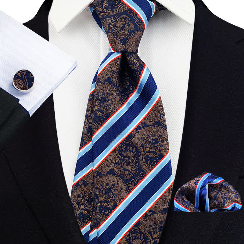 3Pcs Men's Peru Paisley & Navy Striped Necktie Set - Peru & Navy - image 0