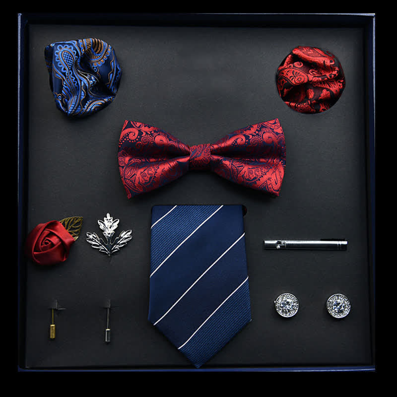 8Pcs Red&Blue Menswear Classic Business Cufflinks Bow Ties Gift Box - Red&Blue - image 0
