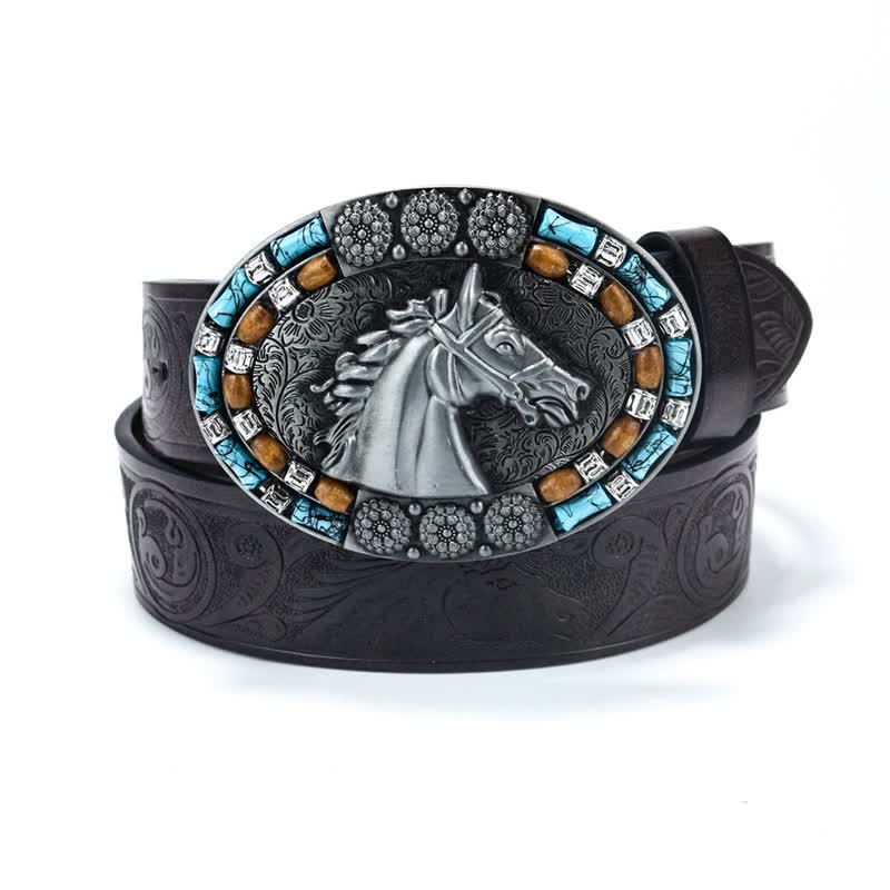 Men's Cowboy Horse Head Turquoise Leather Belt - Silver - 40 - image 6