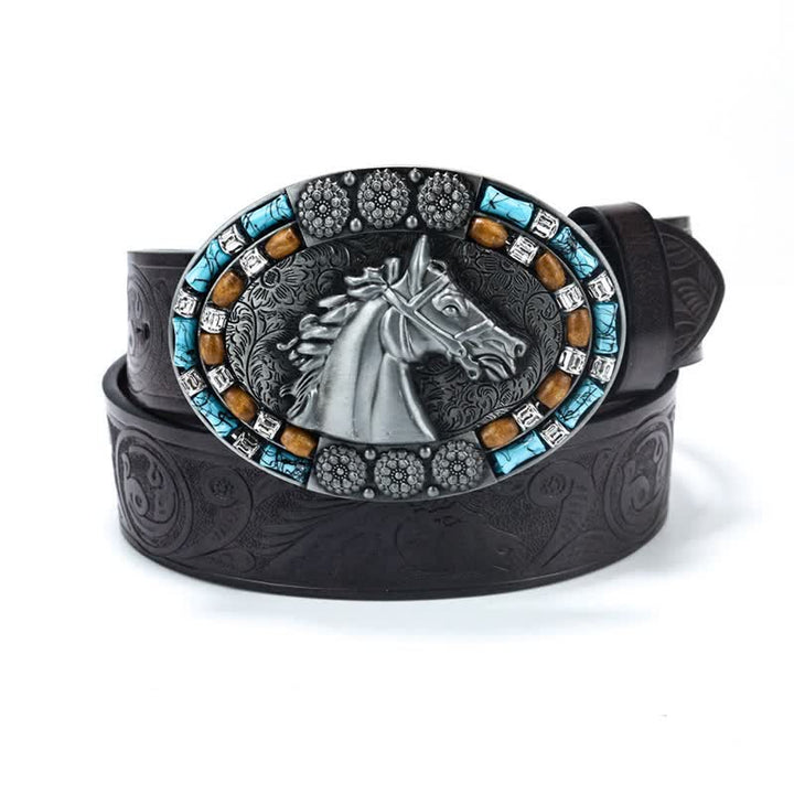 Men's Cowboy Horse Head Turquoise Leather Belt - Silver - 40 - image 6