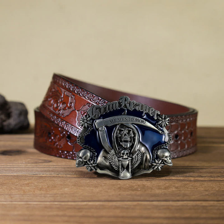 Men's DIY Death Sickle Skull Buckle Leather Belt - Skull - Brown Carved Belt (40) - image 11