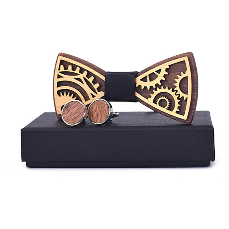 2Pcs Men's Gears Wooden Bow Tie Cufflinks Set - Black - image 0