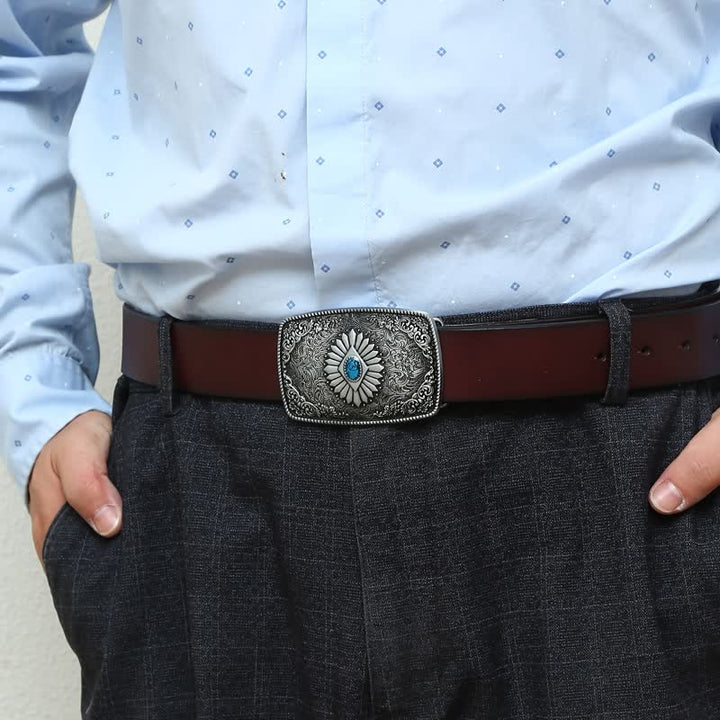 Men's DIY Square Turquoise Western Buckle Leather Belt - image 2