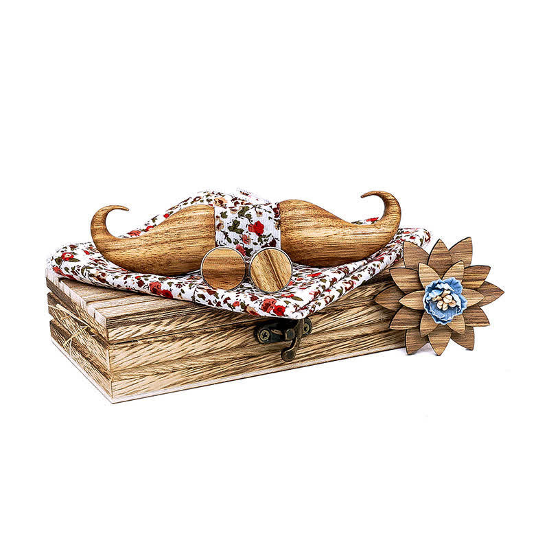 4Pcs Men's Burlywood Moustache Wooden Bow Tie Set - White - image 8
