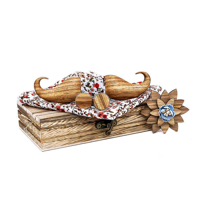 4Pcs Men's Burlywood Moustache Wooden Bow Tie Set - White - image 8