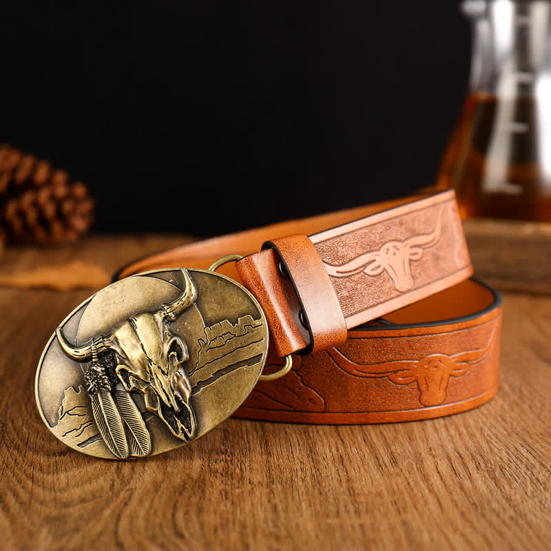 Men's Ethic Mad Bull Head Buckle Leather Belt - Brown / Gold - 40 - image 2
