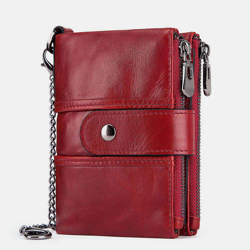Genuine Leather Anti-theft Retro Wallet With Chain - Red - image 16