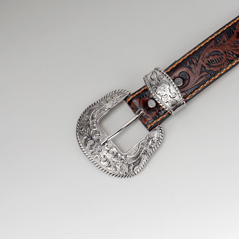 Women's Coffee Vintage Flower Engraved Leather Belt - image 4