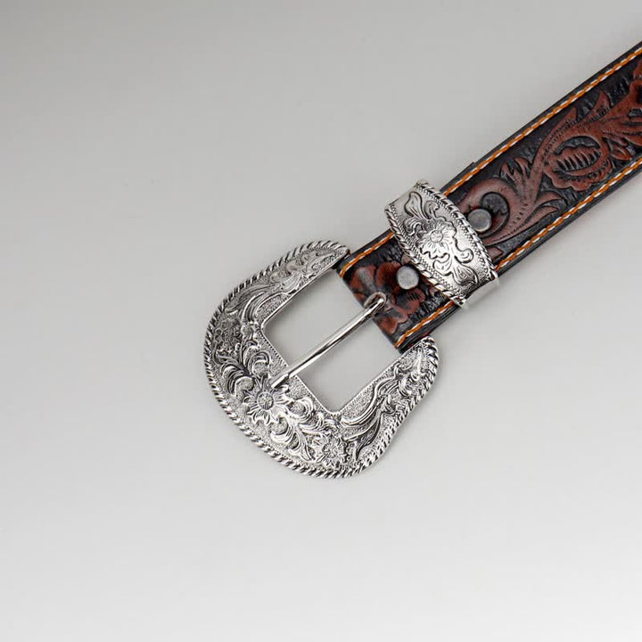 Women's Coffee Vintage Flower Engraved Leather Belt - image 4