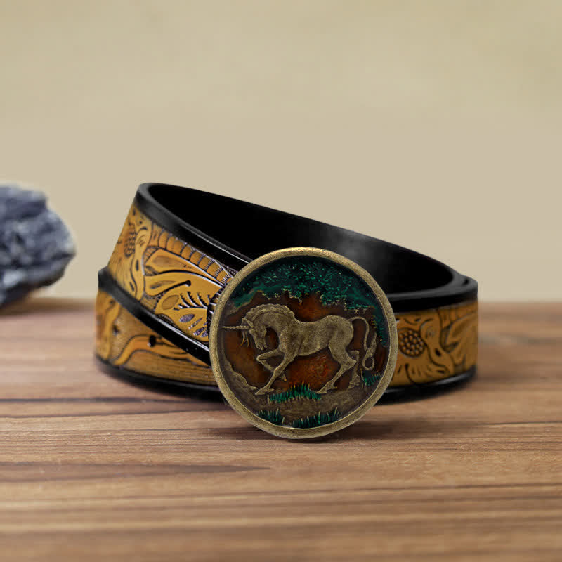 Men's DIY Mystical Unicorn Antique Bronze Buckle Leather Belt - Unicorn - SandyBrown Belt (40) - image 14