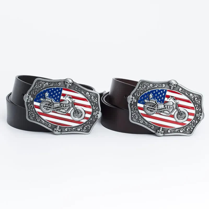 Men's Motorcycle American Flag Skull Leather Belt - image 11