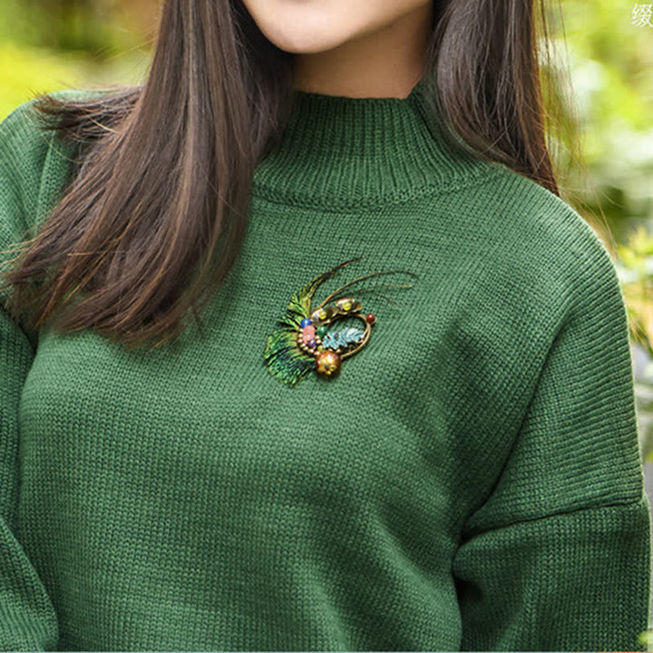 Women's Retro Bronze Flower Peacock Feather Brooch - image 2