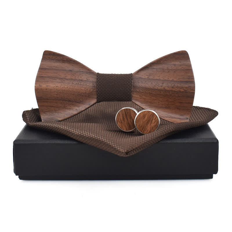 3Pcs Men's Plain Checkered Wooden Bow Tie Set - Brown - image 3