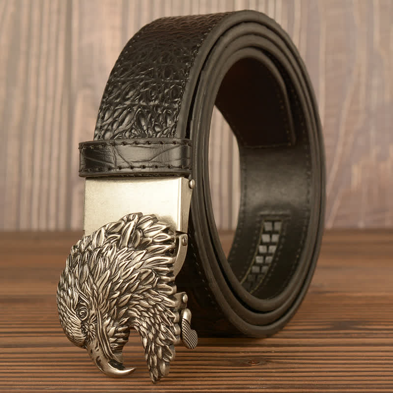 Men's Eagle Head Crocodile Embossed Leather Belt - Silver & Black - 46 - image 21