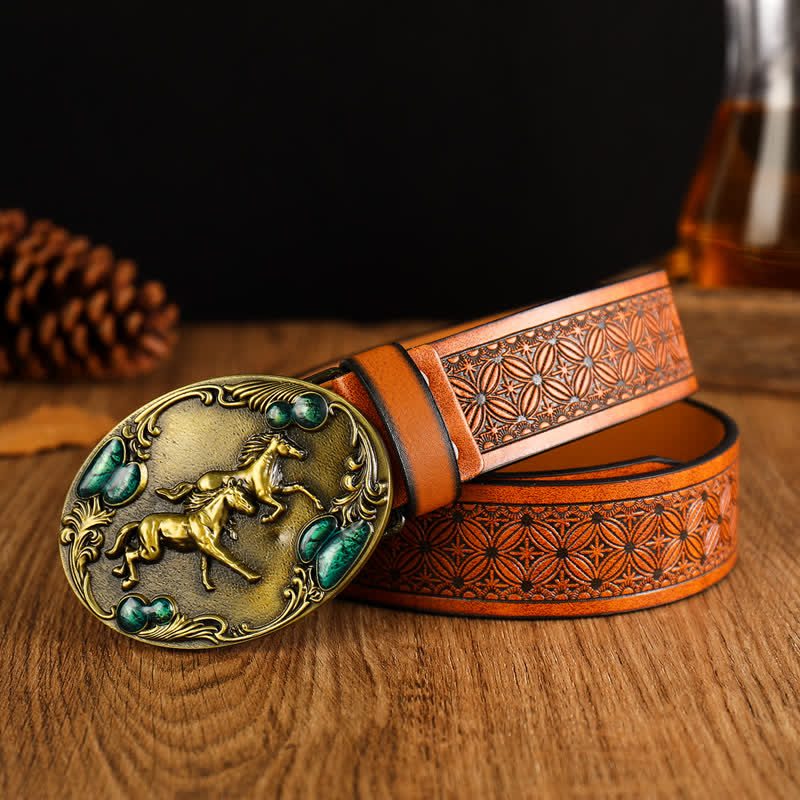 Men's Double Horses Faux Gemstone Leather Belt - Brown - 42 - image 0