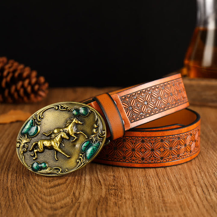 Men's Double Horses Faux Gemstone Leather Belt - Brown - 42 - image 0