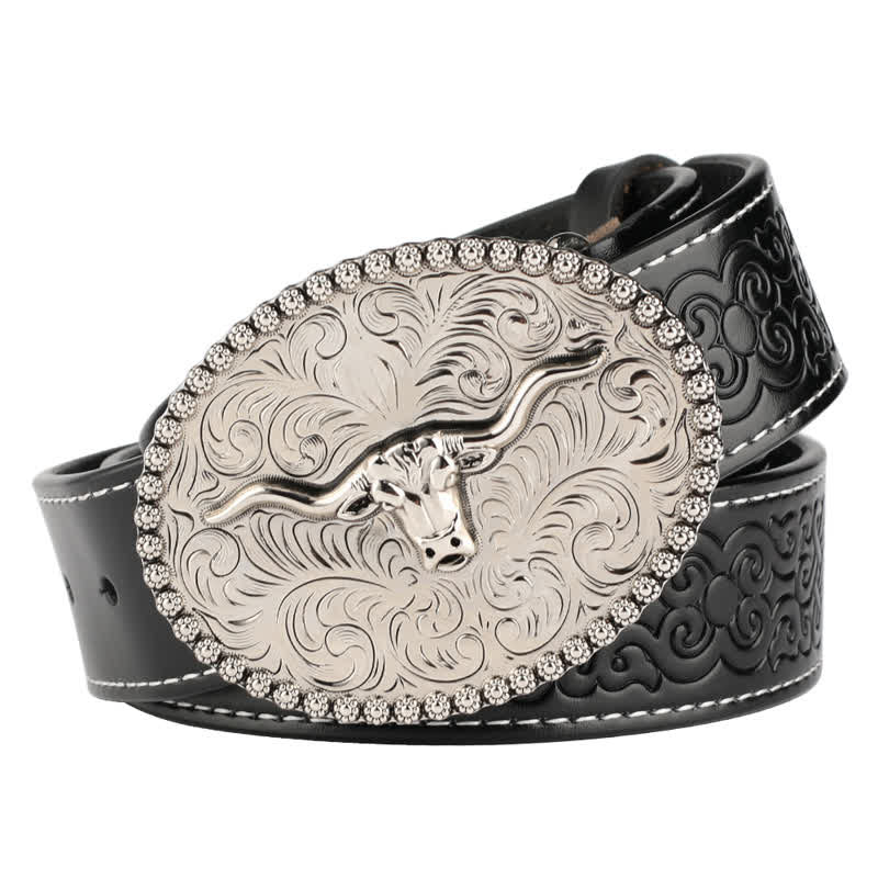 Men's Engarved Feather Bull Jeans Leather Belt - Style #2 - Black / Silver - 46 - image 18