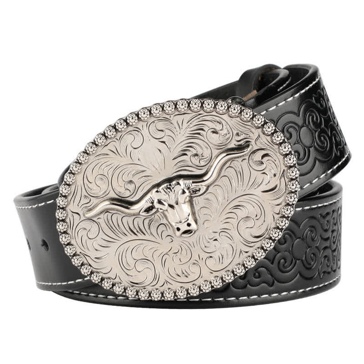 Men's Engarved Feather Bull Jeans Leather Belt - Style #2 - Black / Silver - 46 - image 18