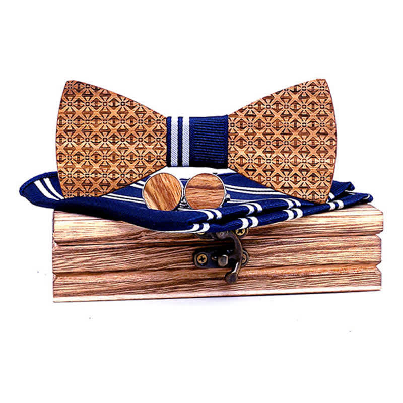 3Pcs Men's Christmas Snowflakes Wooden Bow Tie Set - Navy Striped - image 7