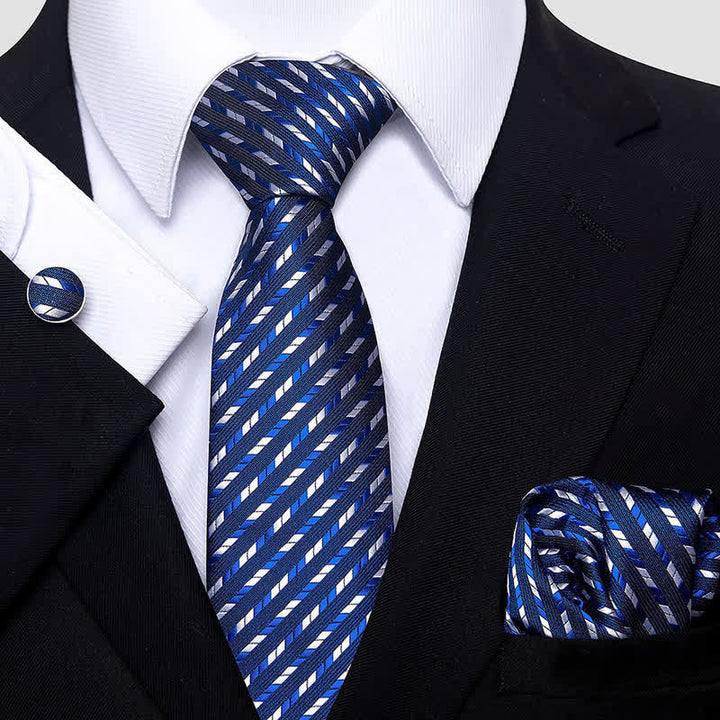 3Pcs Men's Striped with Geometry Necktie Set - Navy - image 2