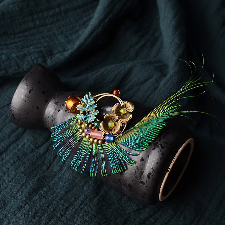 Women's Retro Bronze Flower Peacock Feather Brooch - Green - image 0